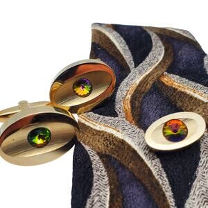 Gold Tone Cufflinks & Tie Pin Watermelon Rivoli Rhinestone Tack Coventry Riviera